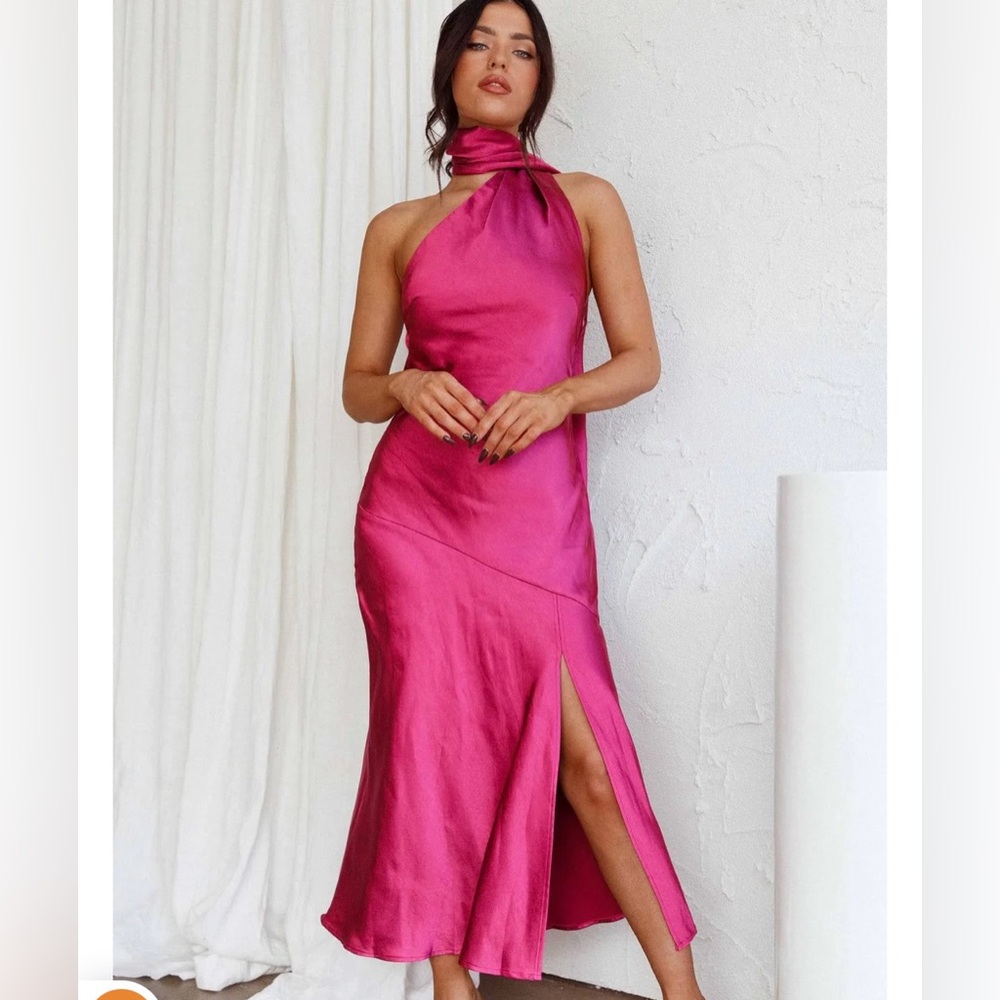 Hot pink midi/maxi dress, neck wrap with button to hold in place.